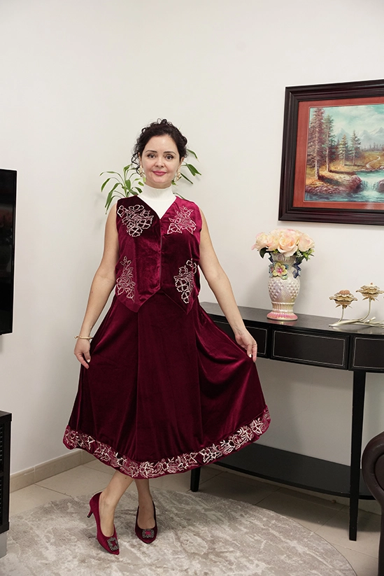 Red velvet skirt and waist coat